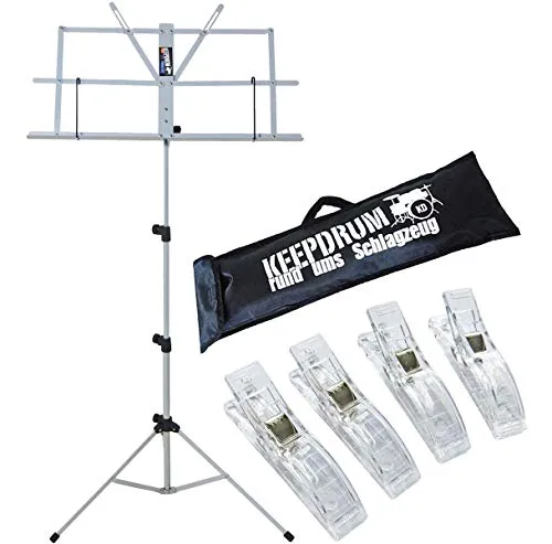 keepdrum MUS2 SV Notenständer Silver mit Tasche und Clips in schwarz von keepdrum