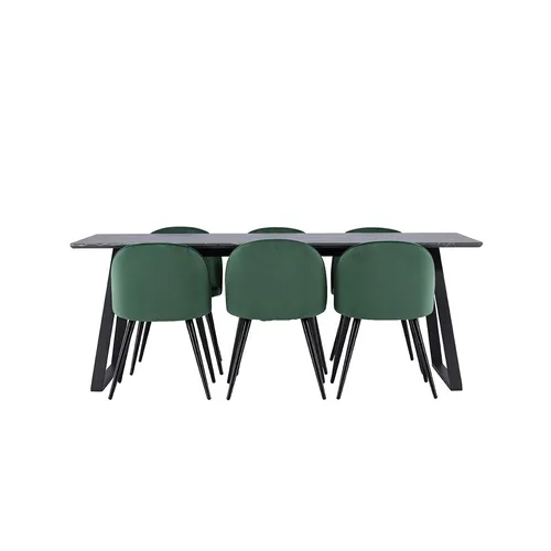 ebuy24 Essgruppe Malaga - 7-tlg. Esstisch 90x200cm dunkelgrau mit 6 Stühlen - Essgruppen: Stilvolles 7-tlg. Set mit 200 cm langem Esstisch in eleganter Marmoroptik und 6 farbigen Skagen-Stühlen für ein modernes Zuhause.
