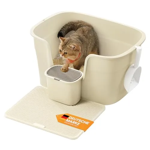 Feandrea Katzenklo, extragroße Katzentoilette, für Mehrkatzenhaushalte, mit hohen Seitenwänden, Katzenstreumatte, Aufbewahrungsbox, Schaufel, für große Katzen, sandbeige PPT003L01