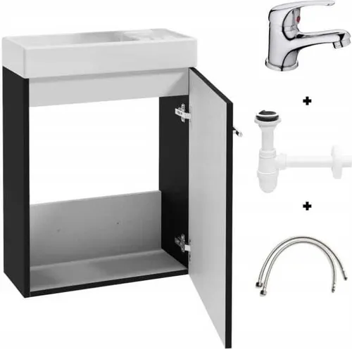 Badezimmerschrank mit Waschbecken 50x70cm mit Wasserhahn und Siphon schwarz Small