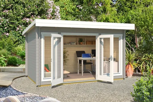Gartenhaus Blockhaus Pultdach Dorset 1 grau 410x270 cm - Gartenhaus aus 34 mm Blockbohlen, abschließbar mit 9,3 m² Nutzfläche, ideal für Gartenwerkzeuge oder als Rückzugsort.