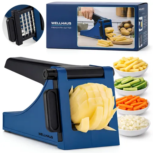 NEU WELLHAUS Professioneller Pommes-Frites-Schneider mit Edelstahlklinge, Blau
