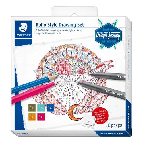 STAEDTLER Boho Style Zeichenset - Komplett-Set für farbenfrohe Boho-Zeichnungen, inklusive Bleistift, Fineliner und Mixed Media Papier