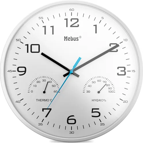 Quarz-Wanduhr mit Thermometer und Hygrometer / Farbe: Weiß / Modell: 16181