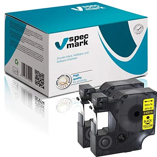 specmark Schriftband D1 40918 S0720730 9 mm x 7 m 2 Stück Schwarz auf Gelb | Beschriftungsband, Kompatibel mit DYMO LabelManager, LabelPoint und LabelWriter DUO