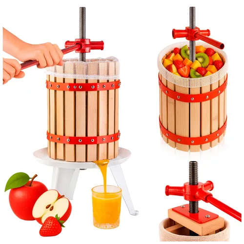 SuperButelki.pl – Fruchtpresse mit Schraube, 6 Liter, Handpresse für Wein, Säfte, Öl, Liköre, 6 l, aus Stahl, Holzkorb, multifunktional