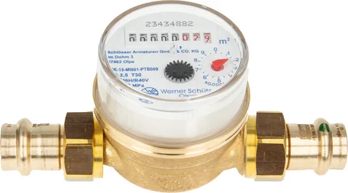 Einstrahlzähler ETK Kombi-Set (Kaltwasser) bis 30 Grad Länge 80 mm, inkl. Verschraubungen mit Pressanschluss 18 mm