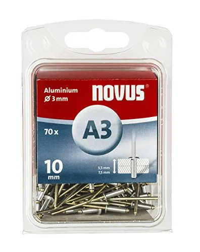 Novus Aluminium-Blindnieten 10 mm, 70 Nieten, Ø 3 mm, 5.0-7.5 mm Klemmlänge, für Nichteisen Metall, Stoffen und Leder, 045-0030