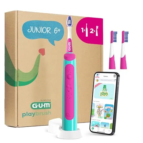 GUM Playbrush JUNIOR 6+ elektrische Zahnbürste - Elektrische Kinderzahnbürste mit interaktiver Spiel-App, 2 Putzmodi und extra weichen Borsten für sanftes Zähneputzen. Ideal für Kinder ab 6 Jahren, wiederaufladbar mit bis zu 8 Wochen Akku.