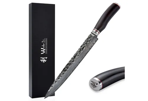 Wakoli Ebo 25 cm Fleischmesser - Küchenmesser aus 67 Lagen Damaststahl mit ergonomischem Eichenholzgriff. Ideal für Fleisch und Sashimi, rasiermesserscharf und perfekt ausbalanciert für präzises Schneiden.