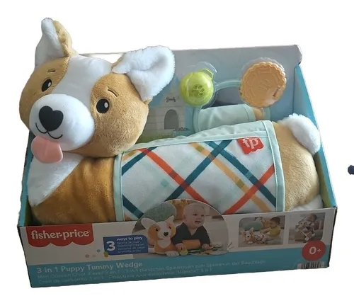 Fisher-Price 3-in-1 Hündchen Spielkissen - Baby-Spielzeug für Bauchlage, fördert Grobmotorik und Sinne mit BPA-freiem Beißring, Rassel und Spiegel