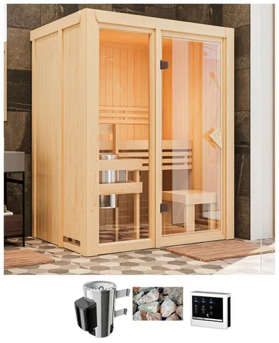 Karibu Sauna Alani 1 – Energieeffiziente Elementsauna 155 x 122 x 198 cm - Die Karibu Sauna Alani 1 überzeugt mit 68 mm Wandstärke und hervorragender Energieeffizienz. Ideal für entspannende Stunden, ausgestattet mit einer formschönen Saunatür und 1 breiter Liege.