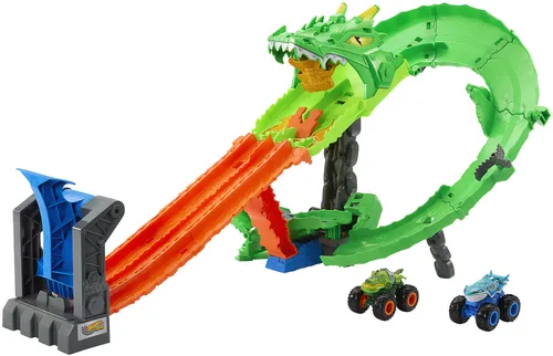 Hot Wheels Monster Trucks Sharks vs. Dinos Spielset - Autos Spielset mit 25 Teilen, für Kinder von 4-99 Jahren, bietet actionreiche Abenteuer mit Monster Trucks und Drachen!