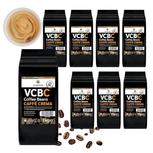 VENESSA Caffè Crema VCBC ganze Kaffeebohnen 8 x 1kg Vorteilspack - Kräftig Cremig schonend geröstet, 100% Robusta - Kaffeevollautomaten und Gastronomieautomaten geeignet
