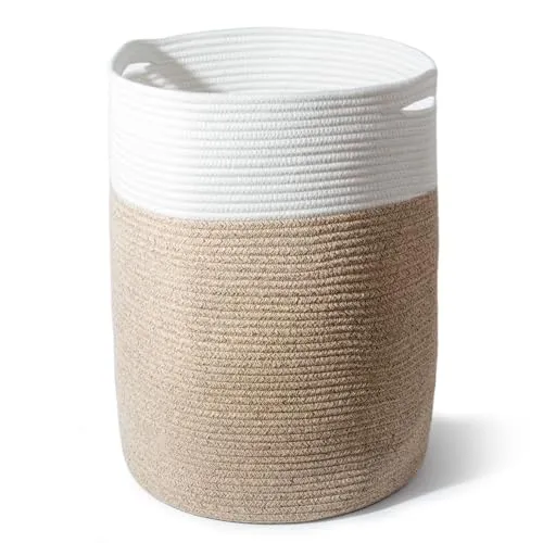 SYLANDO 45L Geﬂochtener Baumwollkorb (H45cm, Ø38cm), Aufbewahrungskorb für Spielzeug, Wäsche & Handtücher mit Griffen, Wäschekorb für Kinderzimmer, Badezimmer & Wohnzimmer Braun