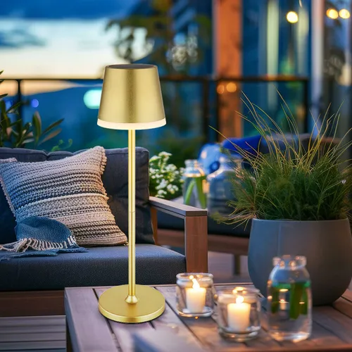 Goldene LED Außenleuchte Tischlampe mit Solarfunktion - Moderne Gartenlampe mit 2 Höhen (41 cm), wetterfest und warmweißem Licht. Ideal für Innen- und Außenbereiche, sorgt für stimmungsvolle Beleuchtung und ist energieeffizient.