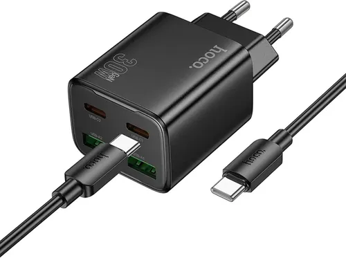 Hoco Ladegerät 30W USB-C + USB-A Netzteil | Schnellladegerät PD QC 3.0 | Handy Ladegerät schwarz für iPhone & Samsung Smartphone Ladeadapter inkl. USB Typ C Ladekabel