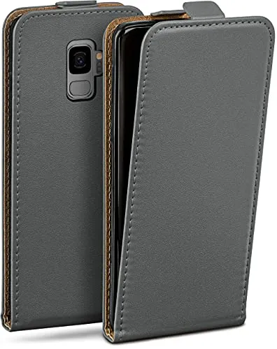 moex Flip Case für Samsung Galaxy S9 Hülle klappbar mit 360 Grad Schutz, Handyhülle mit Displayschutz, PU Leder Handytasche Lederhülle, Flip Case Cover Klapphülle, Grau