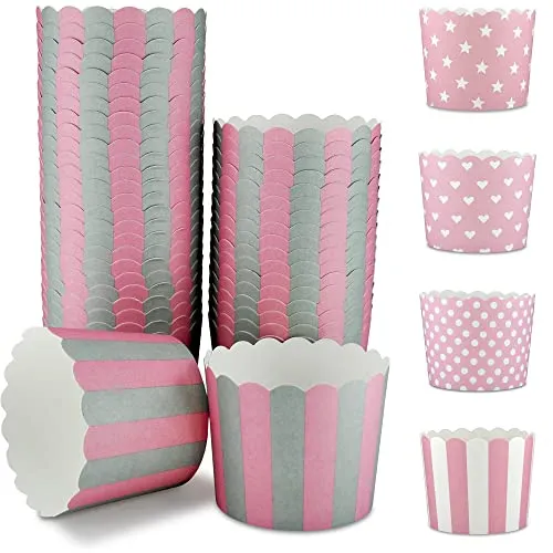 Frau WunderVoll® 25 Muffin Backformen, rosa graue Streifen, Durchmesser 6,1 cm/Muffinbackform, Muffinform, Cupcakeformen, Backförmchen, Cupcake Formen, Muffin Förmchen Papier
