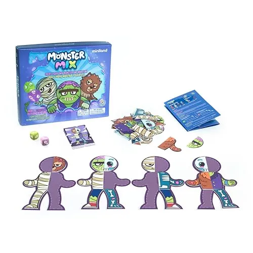 Miniland – Monster Mix | Monster-BAU-Brettspiel für Kinder ab 5 Jahren mit 48 Teilen, Herausforderungskarten und Würfeln