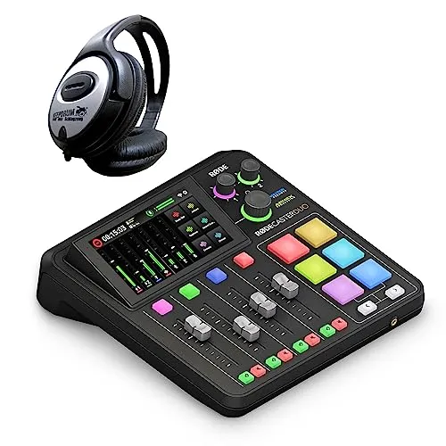 RØDE Rodecaster Pro Duo Podcast Station mit Kopfhörer - Aufnahmegeräte: Kompakte Komplettlösung für Podcaster und Content-Creator mit integriertem Funkempfänger, intuitivem Touchscreen und 6 programmierbaren Smart-Pads für kreative Audioeffekte.