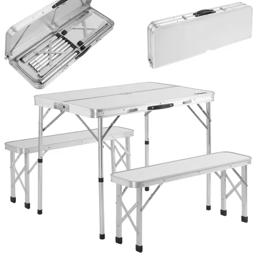 Campingsitzgruppe 3-tlg Weiß Alu klappbar - Camping-Möbel, platzsparend und mit Tragegriff für einfachen Transport – ideal für Picknicks, Festivals und Gartenpartys.