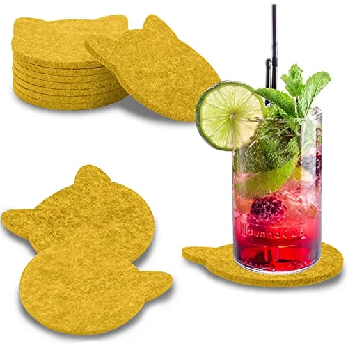 wortek Filz Untersetzer Gläser Gelb in Katzenform – 8er Set Glasuntersetzer für Getränke, Tassen, Bar, Glas - Ø 10cm Tischuntersetzer waschbare Filzuntersetzer Gläser Glas Untersetzer-Set