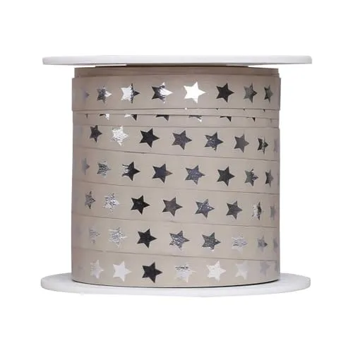 Ringelband, Geschenkband, Polyband, Sterne, Sandstein/Silber, 10 mm x 100 m, 1 Rolle(n)