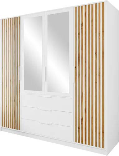 MIRJAN24 Kleiderschrank Tytus Lux D4 mit 4 Drehtüren und 3 Schubladen, mit Aluminumgriffe, Kleiderstange, Frontspiegel (Farbe: Weiß / Weiß + Eiche Wotan)