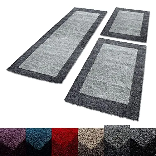 Unbekannt Shaggy Hochflor Teppich Carpet 3TLG Bettumrandung Läufer Set Schlafzimmer Flur, Farbe:Grau, Bettset:2x80x150+1x80x250