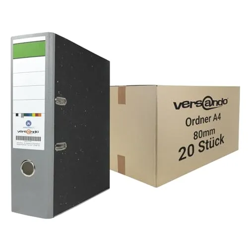 versando 20x breiter Premium Ordner DIN A4 Rücken 8cm Aktenordner Ringordner - Blauer Engel zertifiziert - grau (1 Karton)