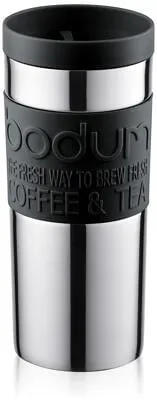 Bodum Travel Mug Schwarz/Silberfarben - Thermobecher für unterwegs - Thermobehälter mit 0,35l Fassungsvermögen, perfekt isoliert für heiße und kalte Getränke, ideal für Reisen und Büro.