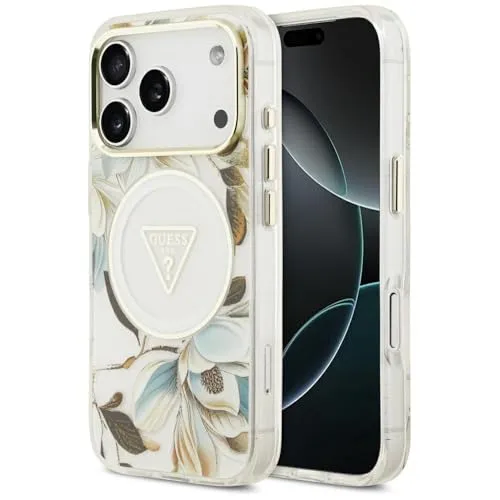 CG MOBILE Guess IML Glitter Flowers Triangle kompatibel mit MagSafe-Hülle für iPhone 17 Pro Max (Weiß)
