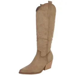 Ital-Design Elegante Stiefeletten mit hohem Absatz für Damen Westernstiefel (90153158) Blockabsatz Stiefel in Hellbraun braun 39 EU