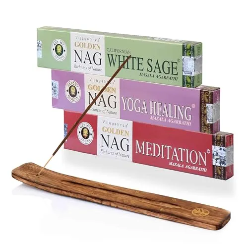 NKlaus Räucherstäbchen Set – Golden Nag White Sage, Yoga Healing & Meditation + Halter | 3er indisches Räucherwerk für Balance, Achtsamkeit & Yoga