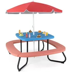 COSTWAY Kindersitzgruppe Outdoor, Kindersitzgarnitur für bis zu 8 Kinder, Picknicktisch mit Sonnenschirm & 4 Sitzbänken, Gartenmöbel Rot - Rot