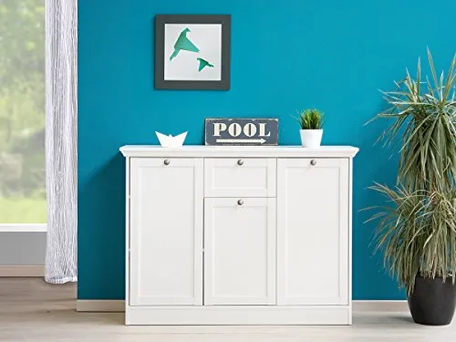 möbelando Sideboard Kommode Highboard - Weißer Mehrzweckschrank für jeden Raum - Buffetschrank mit stabiler Konstruktion, 2 großen und 1 kleinen Rahmentür sowie 1 Schubkasten. Ideal für Ordnung und Stil in Ihrem Zuhause.