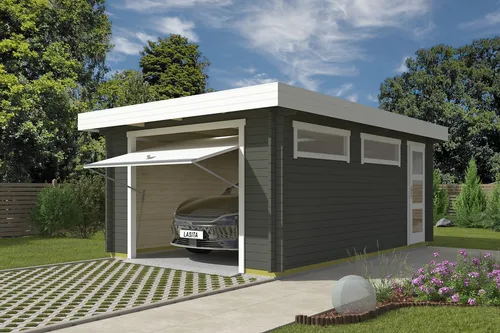 Lasita Garage Pultdach 44 mm Canberra mit Schwingtor, grün - Gartenhaus mit 18.66 m² Nutzfläche, aus robustem Holz, abschließbar und ideal für die sichere Lagerung von Werkzeugen und Fahrzeugen.