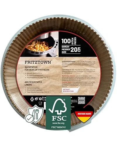FRITZTOWN Backpapier für Heißluftfritteuse 4,5L-8L | 100 Blatt 20 cm Rund | Air Fryer Backpapier Pergamentpapier | Kompatibel mit Ninja COSORI Philips Cecotec Midea Russell XL XXL Airfryer