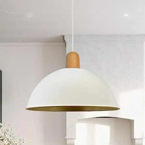 bamyum Pendelleuchte Industrielle Weiß Metall Groß Ø 30 cm, Hängelampe Industriell Lampe Vintage Hängeleuchte, Deckenleuchte Weiß Holz, Pendelleuchte Esstisch, Pendellampe, Esszimmerlampe, Küchenlampe
