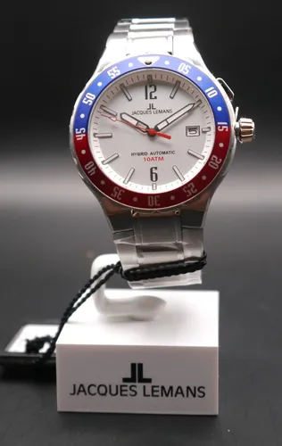 Jacques Lemans 1-2109 G Hybromatic Herrenuhr - Armbanduhren für Herren mit 10 ATM Wasserdichtigkeit, elegantem Edelstahlarmband und Sichtboden – ideal für jeden Anlass.