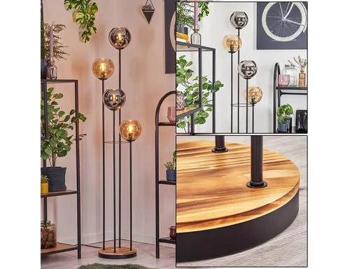 Hofstein Stehlampe Retro-Design aus Metall/Holz/Glas - Elegante 4-flammige Stehleuchte in Schwarz/Natur mit Fußschalter. Ideal für stimmungsvolle Beleuchtung im Innenbereich. Maße: 30 cm Durchmesser, 147 cm Höhe.