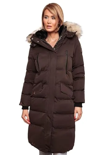 MARIKOO Damen Winterjacke B890 Schneestern-Choco Gr.XS - Trendige Damen Winter Steppjacke von Marikoo mit abnehmbarem Kunstfellkragen und Kapuze. Ideal für kühle Temperaturen, bietet sie optimalen Schutz und ist funktional mit mehreren Taschen ausgestattet.