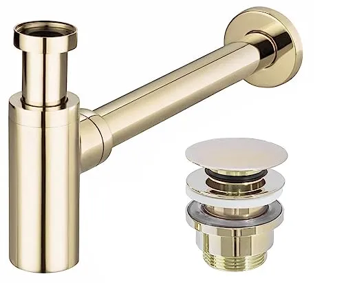 REA Siphon für Waschtische + Ablaufventil Klick-Klack - Gold - Hochwertiger Messing-Siphon mit korrosionsbeständiger Chrom-Beschichtung, passend für Standard-Abflussöffnungen. Inklusive Klick-Klack Ventil und Zubehör für einfache Montage.