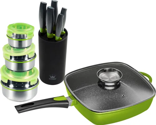 KING Pfannen-Set Square, Aluminiumguss, 10-teilig - Das KING Pfannen-Set umfasst eine hochwertige Eckpfanne mit keramischer FUSION® TI Beschichtung, die kratzfest und für alle Herdarten geeignet ist. Ideal zum Anbraten und Dünsten, inklusive praktischem 3-teiligen Vorratsdosenset.