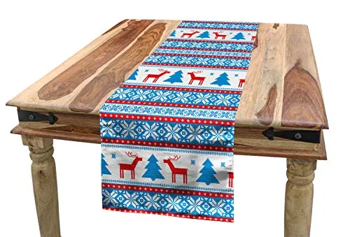 ABAKUHAUS Weihnachten Tischläufer, Folk Knit Art-Kunst, Esszimmer Küche Rechteckiger Dekorativer Tischläufer, 40 x 180 cm, Blau Rot