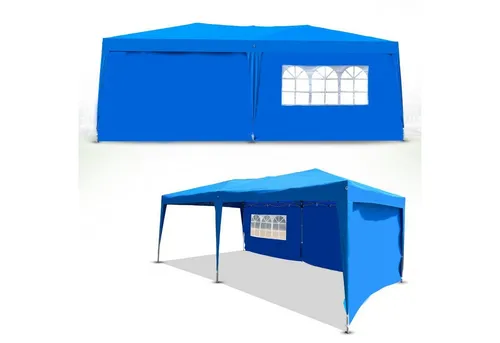 Defactoshop Faltpavillon 3x6m – Blau mit 3 Seitenteilen - Robuster Faltpavillon für Garten und Camping, ideal für Feiern im Freien. Einfacher Aufbau mit Anleitung, bietet Schutz vor Sonne und leichten Regenschauern.