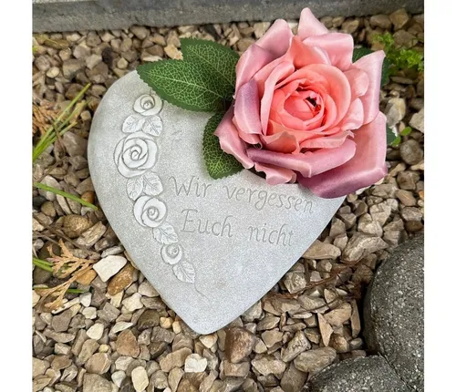 Radami Gartenfigur Grabherz mit Rosenranke - Wetterfestes Grabherz aus Steinguss, handbemalt und ideal für Grablicht oder Blumen - Design Antik in Grau mit Patina - Hergestellt in Deutschland, ca. 1,8kg schwer.