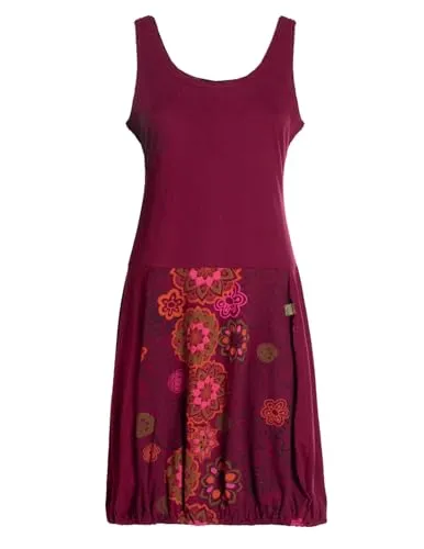 Vishes Damen Ballonkleid - Mittellanges Kleid mit Blumen-Muster in Dunkelrot, Größe 42 - Bequemes mittellanges Ballonkleid aus 100% Baumwolle, ideal für warme Tage. Leicht und luftig, perfekt für Sommerveranstaltungen oder Freizeitlooks. Handgefertigt in Nepal, jedes Kleid ist ein Unikat.