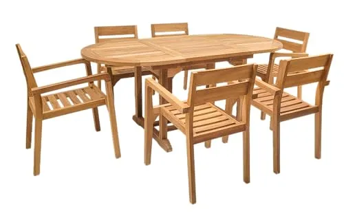 Endorphin Gartenmöbel Set 7tlg. - Ausziehbarer Teakholztisch mit 6 Stapelsesseln - Gartentische - Edles 7tlg. Set mit ovalem, ausziehbarem Teakholztisch für bis zu 6 Personen und stapelbaren Stühlen für platzsparende Lagerung.